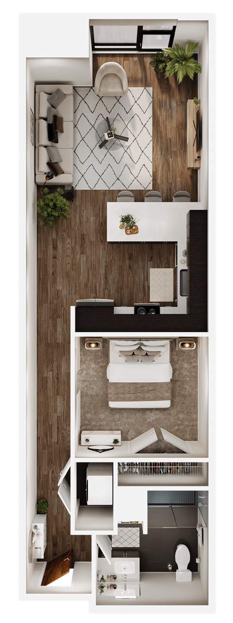 Floor plan for 1 bed, 1 bath, 798 sqft